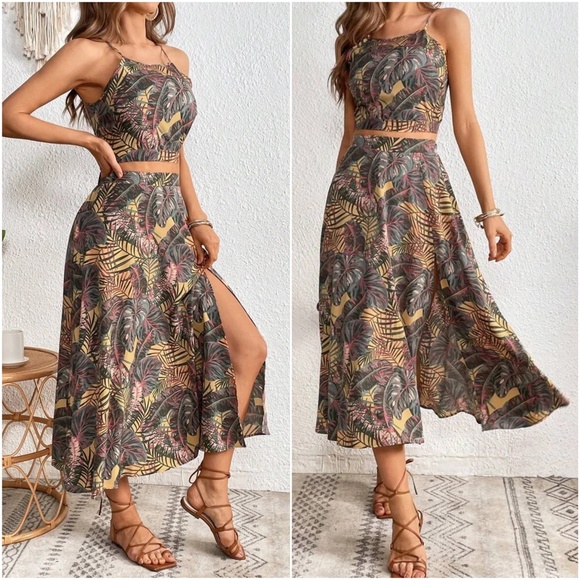 Boho Floral Tropical Print Crop Top Midi Skirt Set - Picture 2 of 3